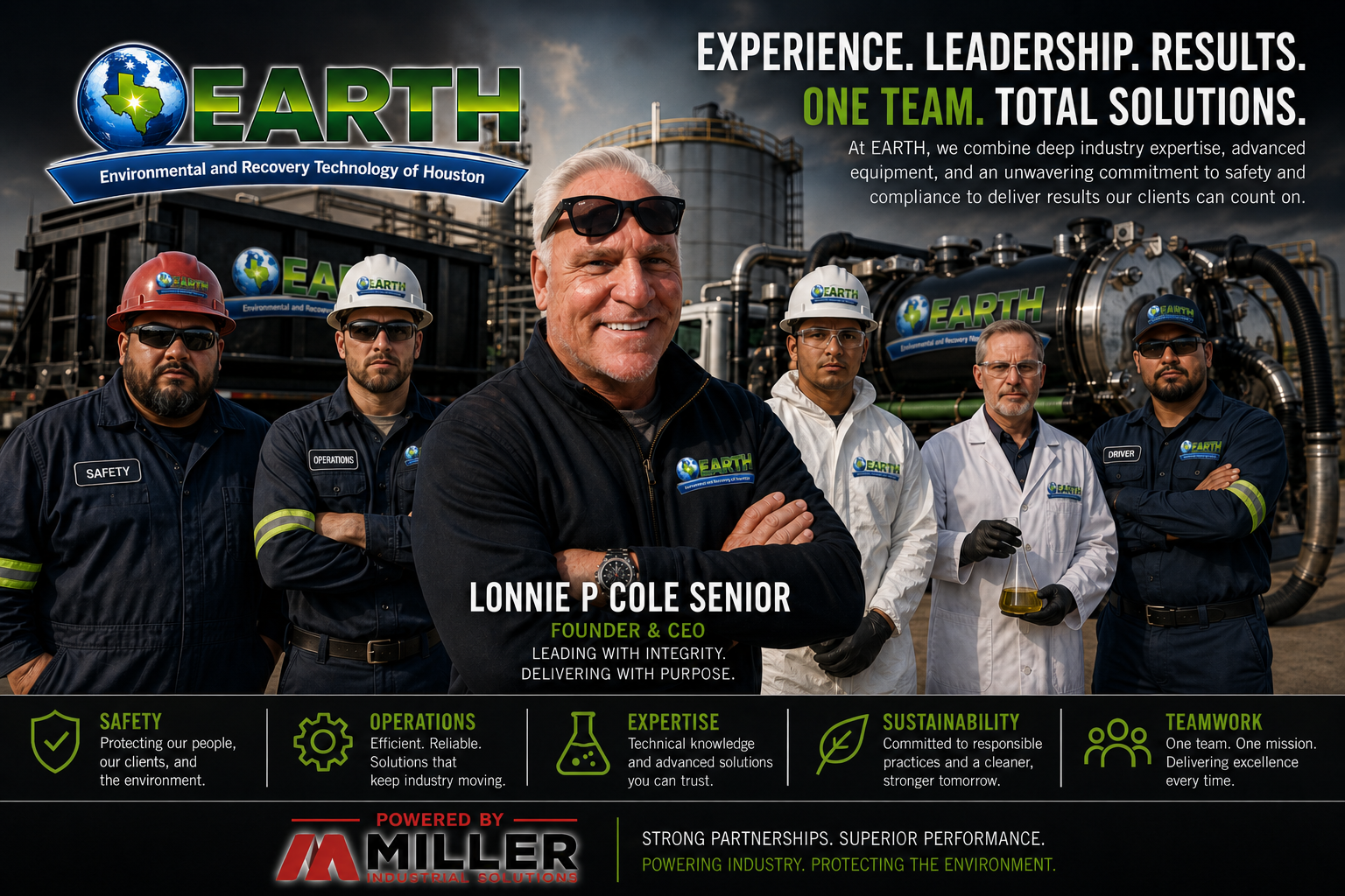 EARTH leadership team with safety, operations, expertise, sustainability, and teamwork values