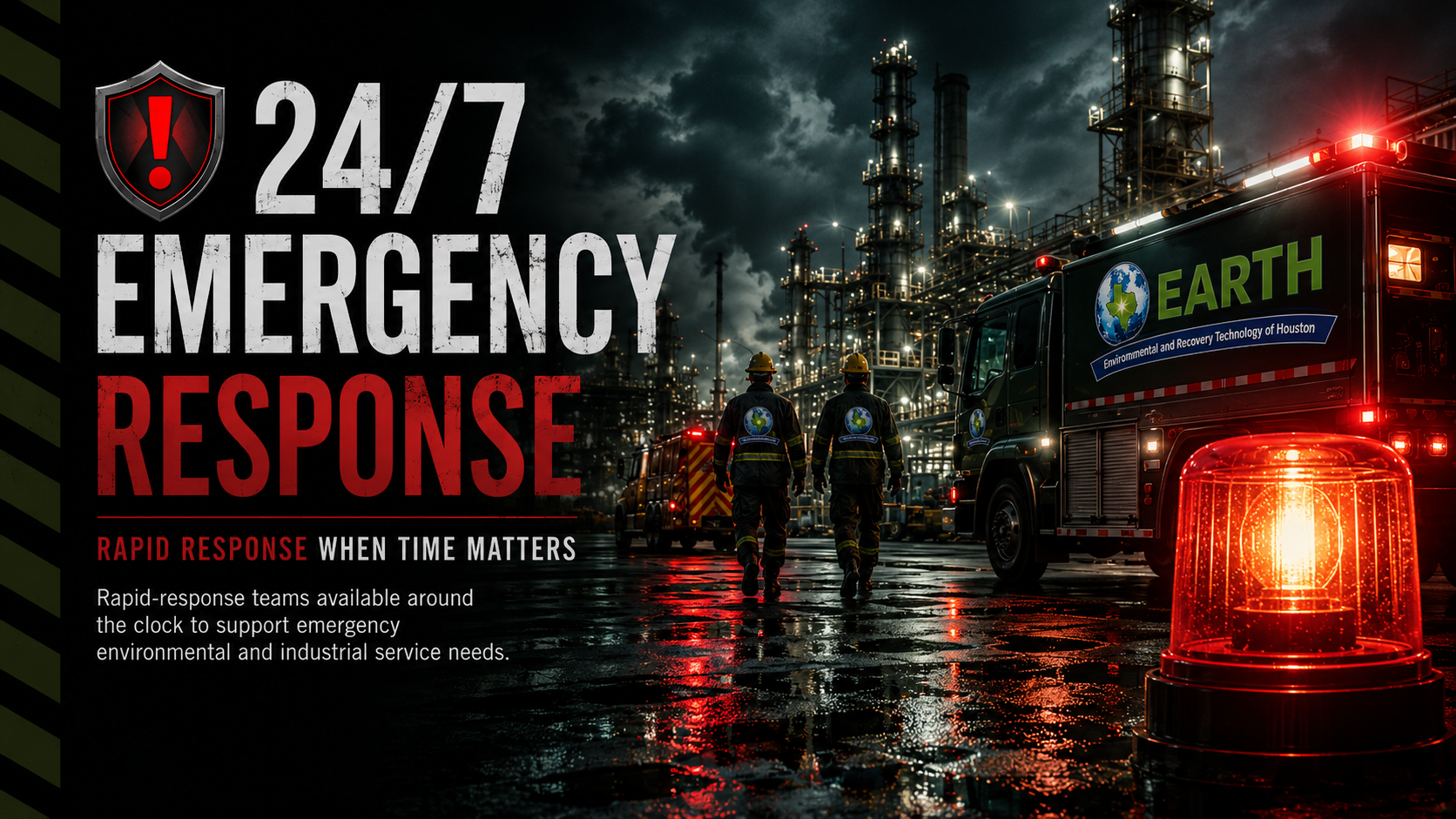 Emergency response crews and vehicles at a refinery