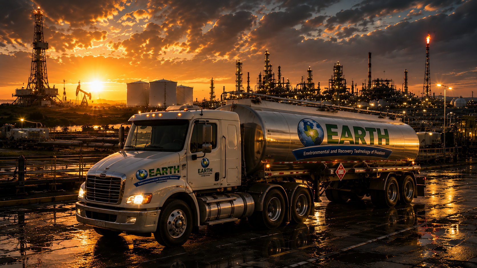 EARTH tanker truck at refinery during sunset