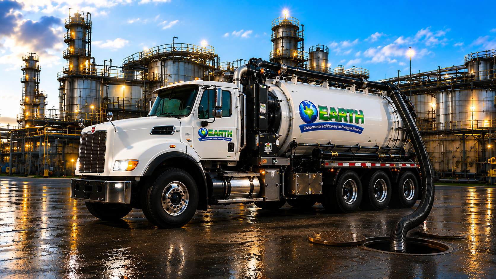 Vacuum truck staged at industrial refinery