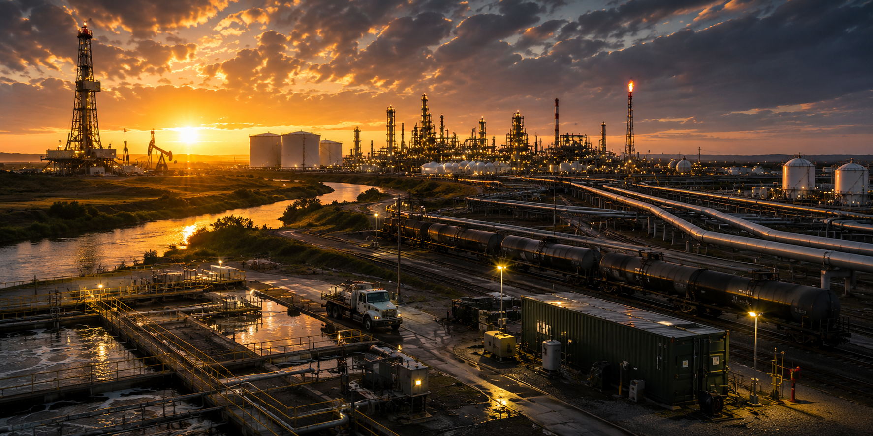 Oil and gas refinery operations at sunset